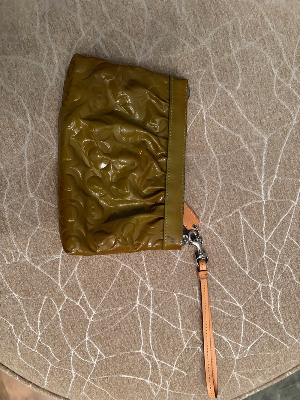 Coach Olive Patent Leather Wristlet Clutch with Tan Strap